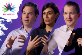 A collage of four ProQRians on a purple background. From left to right: Daniel de Boer, Eleni Skandalaki, Andy Bolan and Marko Potman. At the top left is the logo of Rare Disease Day 