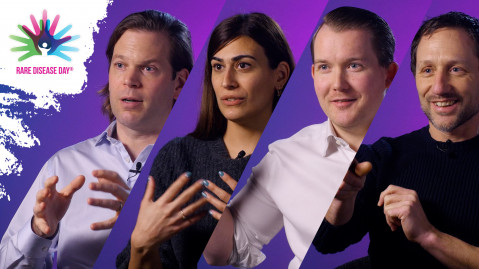 A collage of four ProQRians on a purple background. From left to right: Daniel de Boer, Eleni Skandalaki, Andy Bolan and Marko Potman. At the top left is the logo of Rare Disease Day 