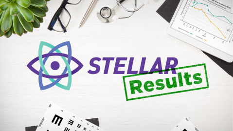 The Stellar logo with a green stamp 'Results' displayed on a desk scattered with a plant, an eye chart, glasses, and a graph.