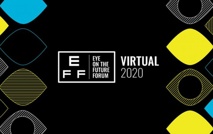 Eye on the Future Forum logo and text 'Virtual 2020' on a black background with yellow and blue rectangular shapes on the left and right.