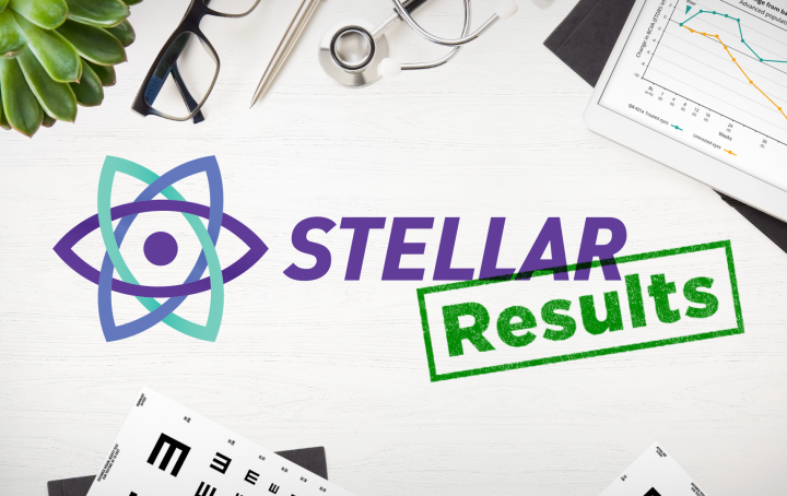 The Stellar logo with a green stamp 'Results' displayed on a deck scattered with a plant, an eye chart, glasses, and a graph.