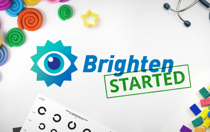 The Brighten logo with a stamp 'Started' on a desk scattered with toys, a stethoscope and an eye chart.