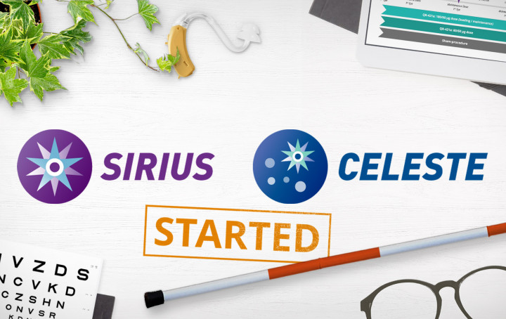 Sirius and Celeste logos with a Started stamp on a desk scattered with a cane, hearing aids, eye chart and a clinical trial design graph.