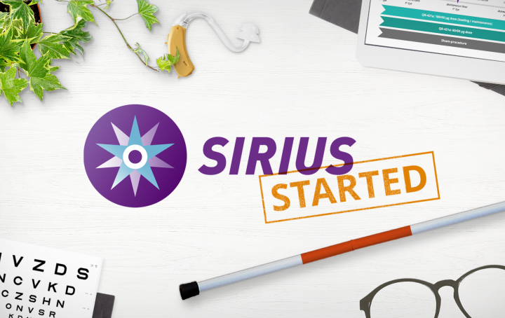 Sirius and Celeste logos with a Started stamp on a desk scattered with a cane, hearing aids, eye chart and a clinical trial design graph.