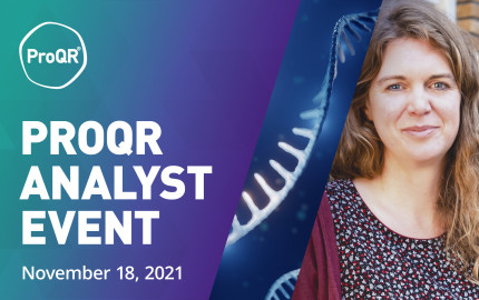 ProQR logo with text: ProQR Analyst Event November 18, 2021. Image of RNA and Maartje, living with Usher syndrome