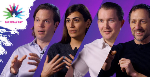 A collage of four ProQRians on a purple background. From left to right: Daniel de Boer, Eleni Skandalaki, Andy Bolan and Marko Potman. At the top left is the logo of Rare Disease Day 