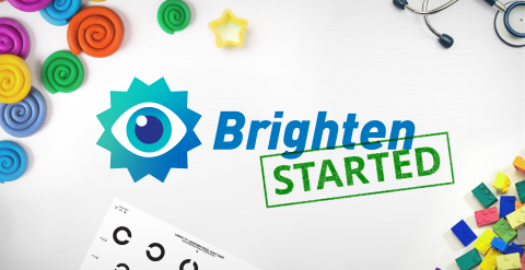 The Brighten logo with a stamp 'Started' on a desk scattered with toys, a stethoscope and an eye chart.