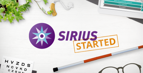 Sirius and Celeste logos with a Started stamp on a desk scattered with a cane, hearing aids, eye chart and a clinical trial design graph.