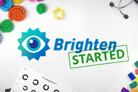 The Brighten logo with a stamp 'Started' on a desk scattered with toys, a stethoscope and an eye chart.