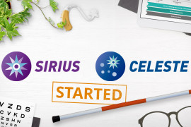 Sirius and Celeste logos with a Started stamp on a desk scattered with a cane, hearing aids, eye chart and a clinical trial design graph.