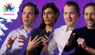 A collage of four ProQRians on a purple background. From left to right: Daniel de Boer, Eleni Skandalaki, Andy Bolan and Marko Potman. At the top left is the logo of Rare Disease Day 